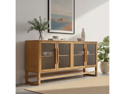 BALCÃO com vidro canelado em cera com toque acetinado natural DE MADEIRA MACIÇA com 4 PORTAS e prateleiras interna / coleção Acapulco